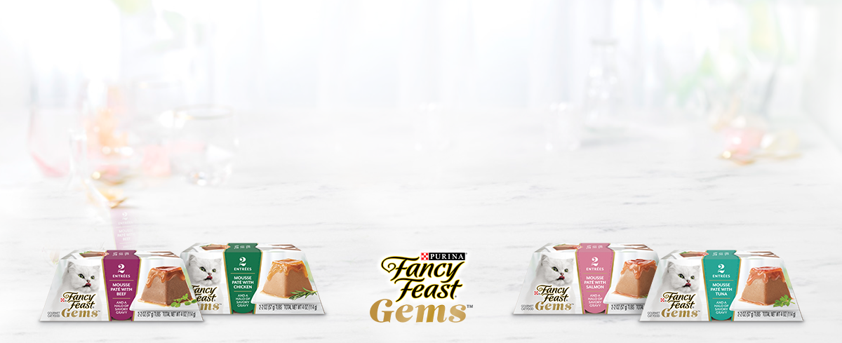 Fancy Feast Gems wet cat food in chicken, beef, salmon, and tuna flavors