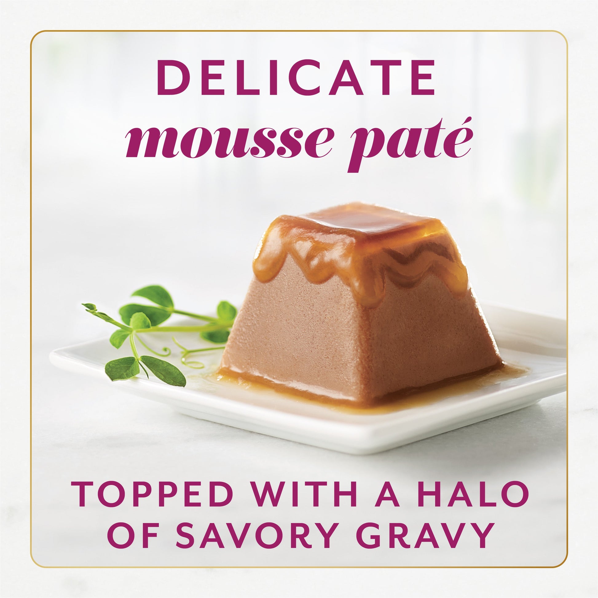 Fancy Feast Gems Delicate beef mousse pate topped with a halo of savory gravy