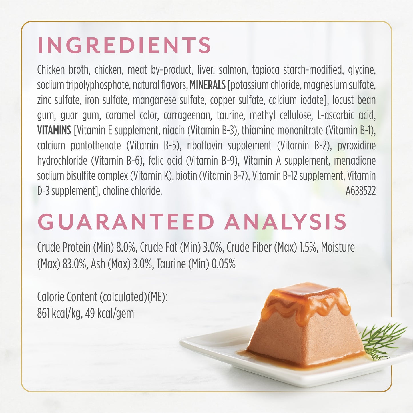 Fancy Feast Gems Mousse Pate with Salmon ingredients and guaranteed analysis (GA)
