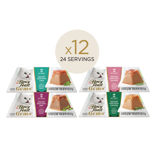 Fancy Feast Gems Mousse Pate, 12ct Variety Pack (3 Dual Packs of each Flavor)