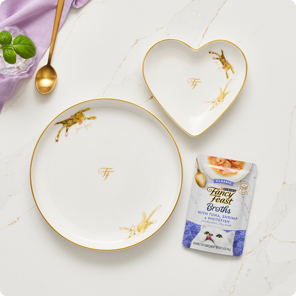 Elegant white and heart shaped plates on marble countertop with a can Fancy Feast Broths