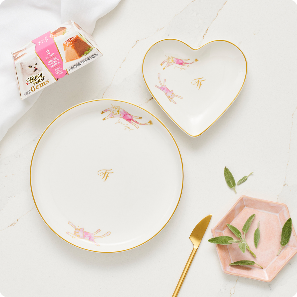 Elegant white and heart shaped plates on marble countertop with a can Fancy Feast Gems