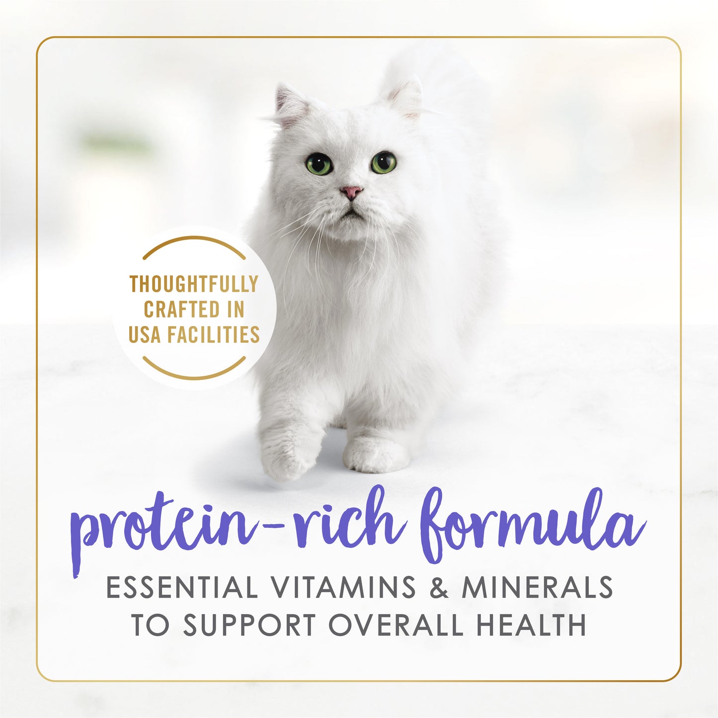 Protein-rich formula. Essential vitamins and minerals to support overall health. Thoughtfully crafted in USA facilities.
