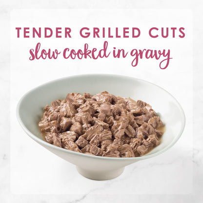 Tender grilled cuts slow cooked in gravy