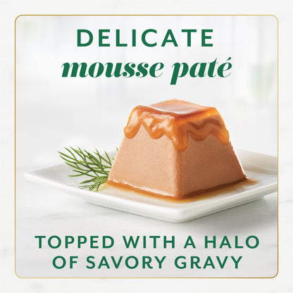Fancy Feast Gems Delicate Chicken Mousse Pate topped with a halo of savory gravy